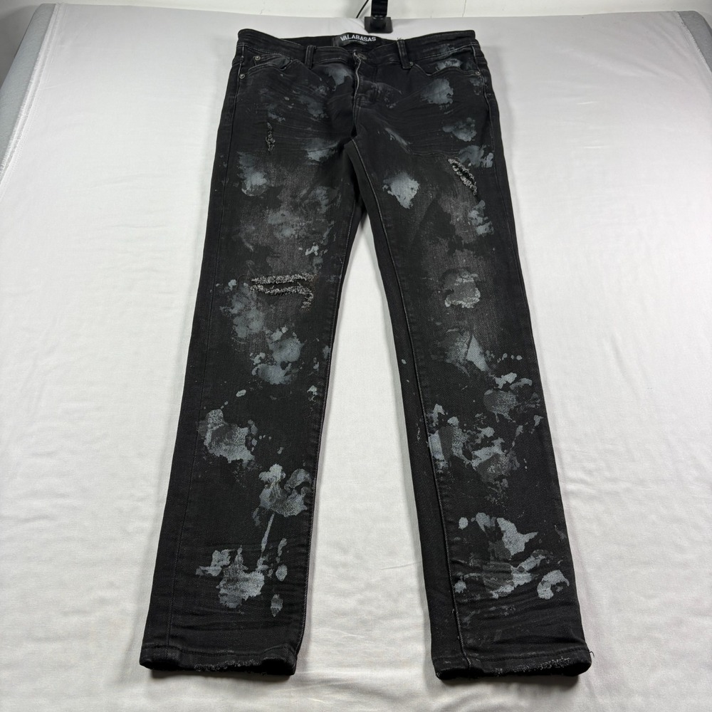 Valabasas Jeans Mens 34x32 Black Slim Tapered Paint Splatter Distressed Denim